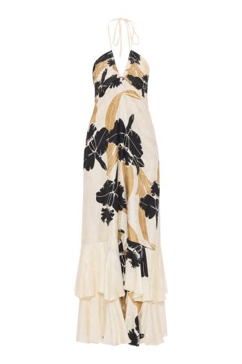 Sevillana silk-jacquard maxi dress in black orchids 