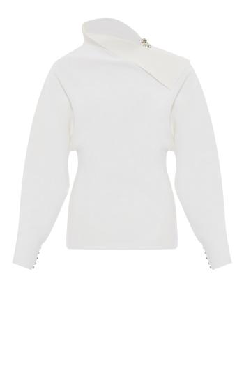 Buttoned crepe sweater in white