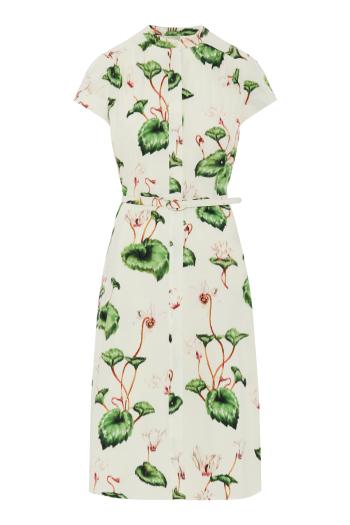 Chiné Cyclamen Cotton Poplin Cap Sleeve midi Dress in ivory 