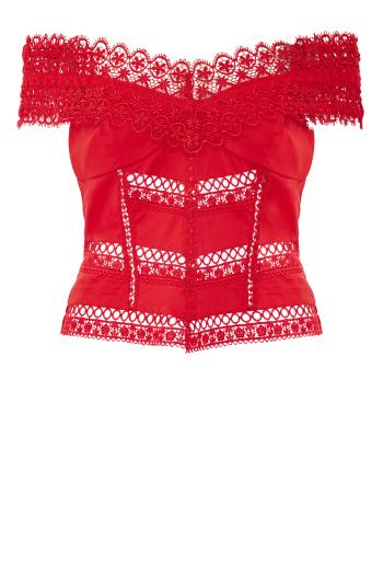 Elisette lace-trimmed cotton top in red