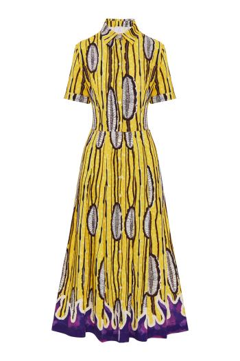 Printed crepe midi dress in yellow