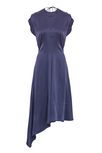 Asymmetric satin midi dress in eclipse 