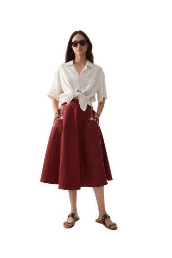 Nicole embroidered linen midi skirt in ruby