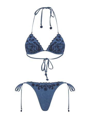 Aster embroidered denim bikini in blue 