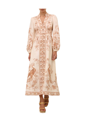 Indra printed linen midi dress in cream