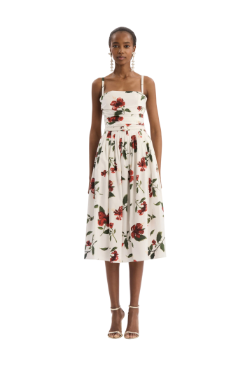 Hibiscus Poplin Cotton midi dress in red 