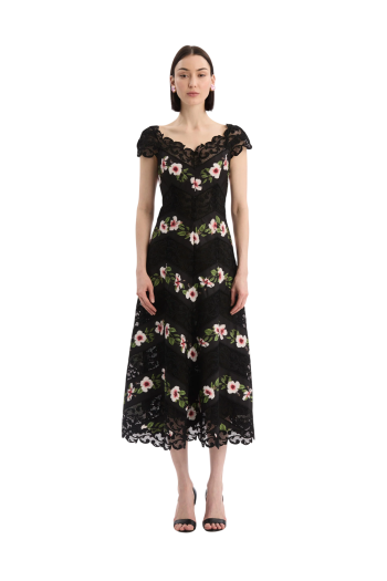 Chine Hibiscus Striped faille midi dress in black