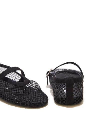 Ballet suede-fishnet flats-strass in black