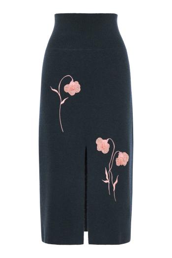 Embroidered knitted midi skirt in forest green 
