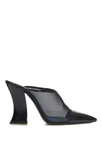 Resille 100 mesh and patent-leather mules in black