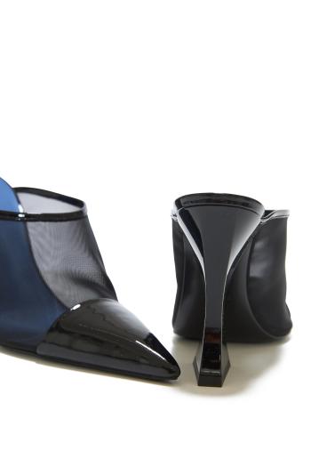 Resille 100 mesh and patent-leather mules in black