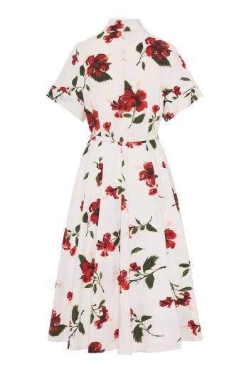 Hibiscus printed cotton midi dress in red