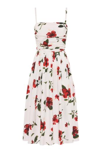 Hibiscus Poplin Cotton midi dress in red 