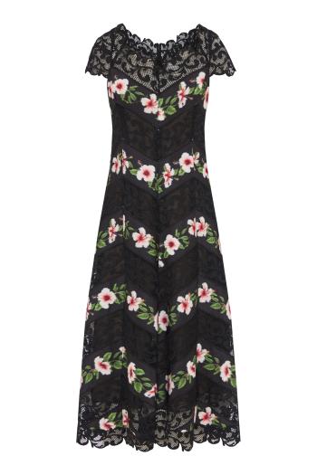 Chine Hibiscus Striped faille midi dress in black
