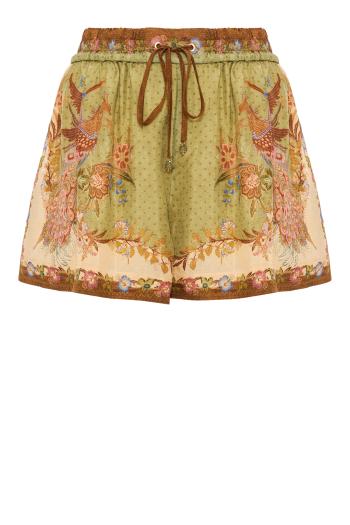 Indra Relaxed Scarf Floral silk shorts in khaki