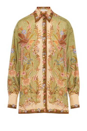 Indra Relaxed Scarf Floralsilk shirt in khaki 