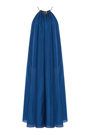 Aster Gathered silk maxi dress in cobalt