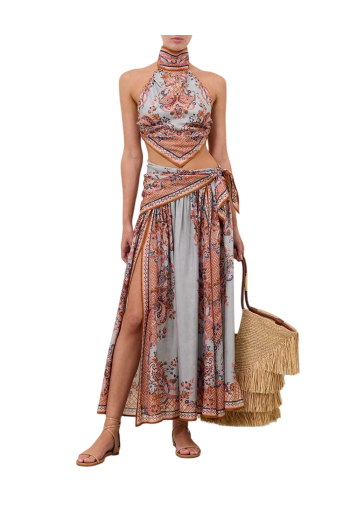 Silk printed midi skirt in coral paisley