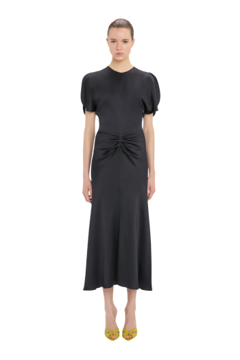 Bela satin midi dress in midnight