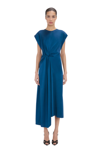 Aria satin midi dress in dark ocean