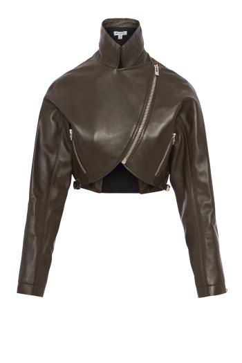 Cropped leather biker jacket in khaki