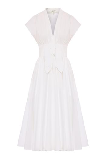 Cotton-poplin belted midi dress in white