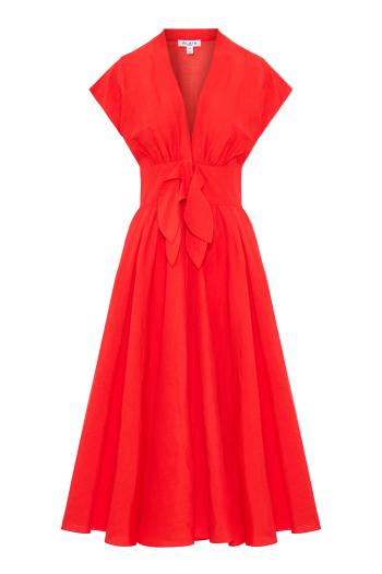 Linen-blend belted midi dress in vermillion 