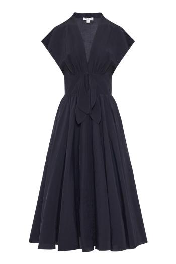 Linen-blend belted dress in navy