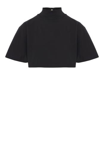 High-neck cotton T-shirt in black