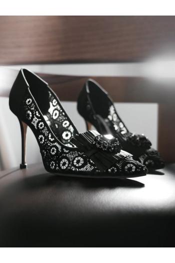 DANCENY 105 mm Black Lace Jewel Embellished  pumps 