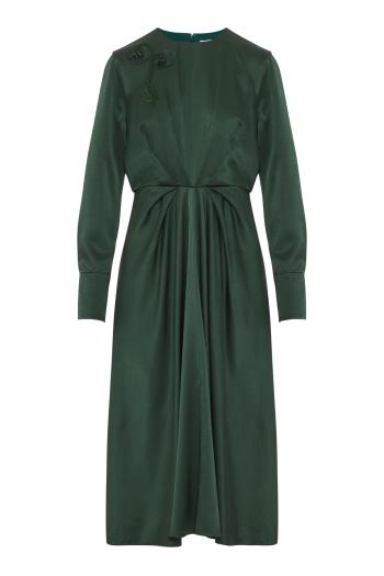 Seersucker draped midi dress in forest green