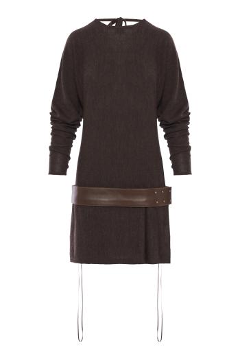 Belted Magyar midi dress in umber