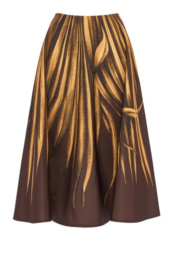 Palm-leaf faille midi skirt in brown