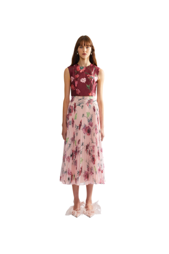 Pleated printed chiffon maxi skirt in poppy blossom 