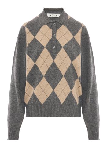Wool and cashmere argyle polo jumper in grey