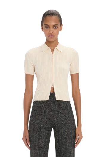 Ribbed polo top in elderflower