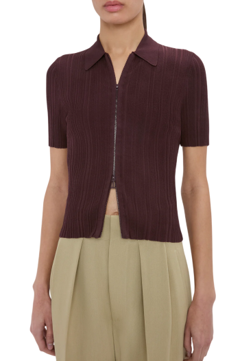 Ribbed polo top in acai