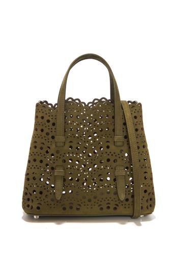 Le Mina 20 suede top handle bag in vert camouflage 