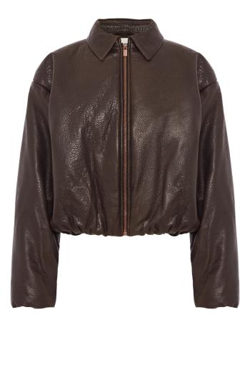 Cropped leather bomber jacket in dark brown