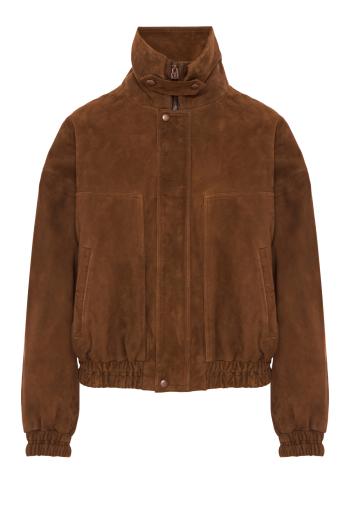 Snap-collar suede aviator jacket in brown