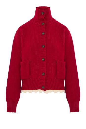 Cinched wool cardigan with high collar and lace trim in red