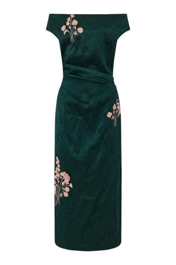 Embroidered satin pencil midi dress in forest green