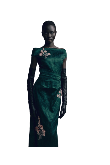 Embroidered satin pencil midi dress in forest green