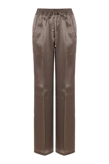 Silk check drawstring trousers in brown