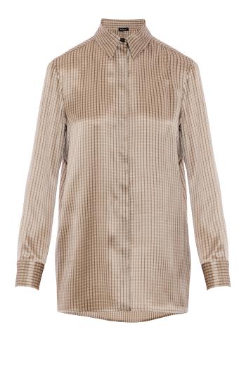 Silk windowpane-check oversized shirt in beige