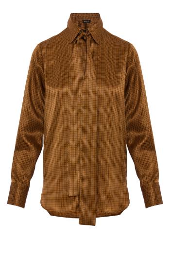 Silk micro-check tie-neck shirt in brown and ochre