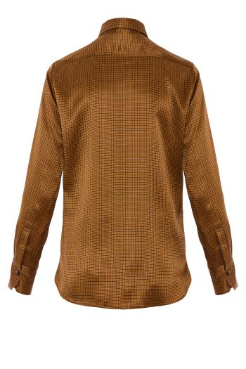 Silk micro-check tie-neck shirt in brown and ochre