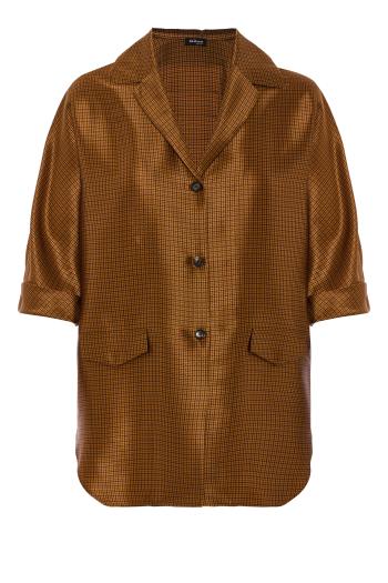 Silk micro-check overshirt in brown and ochre