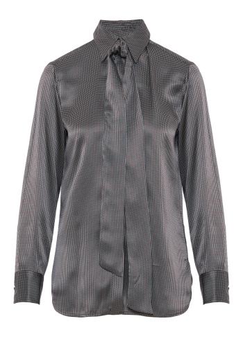 Silk blouse with tie neck in brown and sky