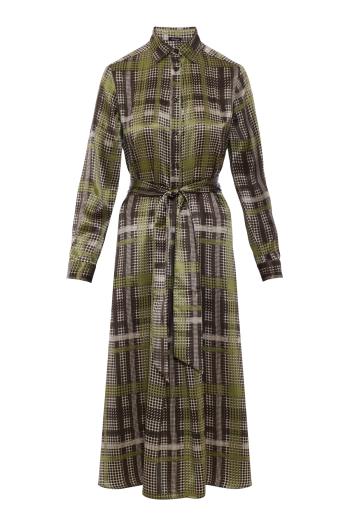 Silk windowpane-check belted shirtdress in taupe and green